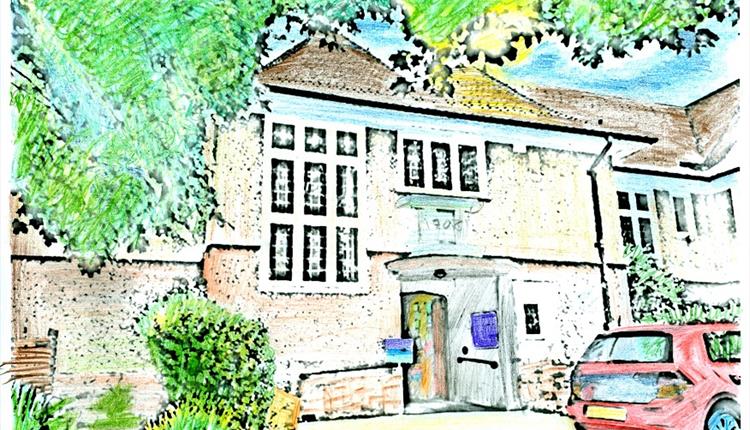 Tuckton Library sketch outline, filled in vivid true-life colouring pencil.