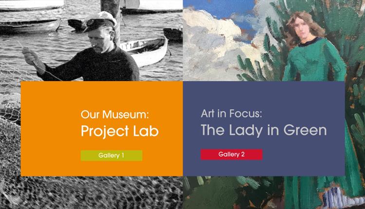 Temporary exhibition, man fishing, lady in a green dress.