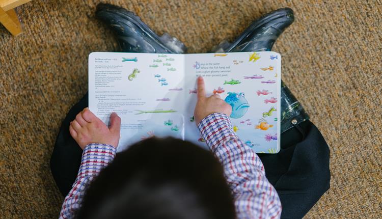 A young child seated on the floor reading a story book.