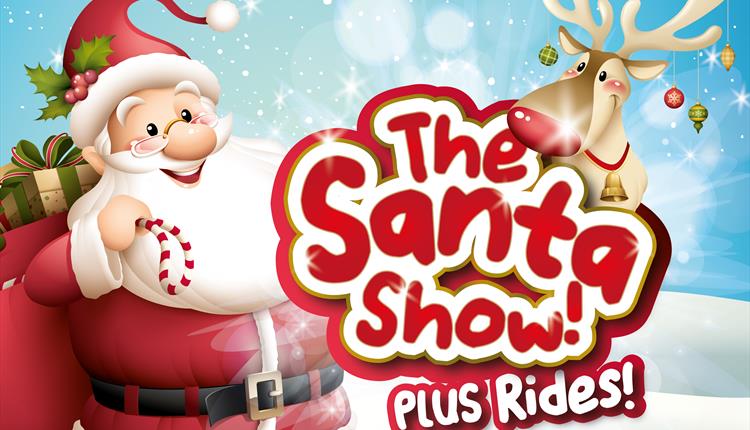 Cartoon character of Santa in red suit and a reindeer