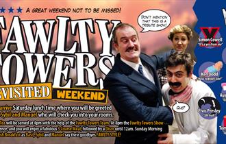image is of the show poster, Basil Fawlty is fake strangling Manuel both are smiling - just like the original TV series