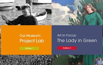 Temporary exhibition, man fishing, lady in a green dress.