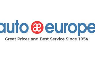 Blue letters with red logo on a white background