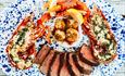 Surf and turf on blue plate
