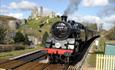 train at a crossing point with Corfe Castle clear in the background