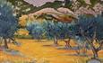 Vibrant coloured painting of trees and mountains