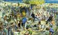 A busy painting full of people on a beach