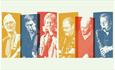 Illustrated poster with red, blue and yellow colours with the band members printed in white